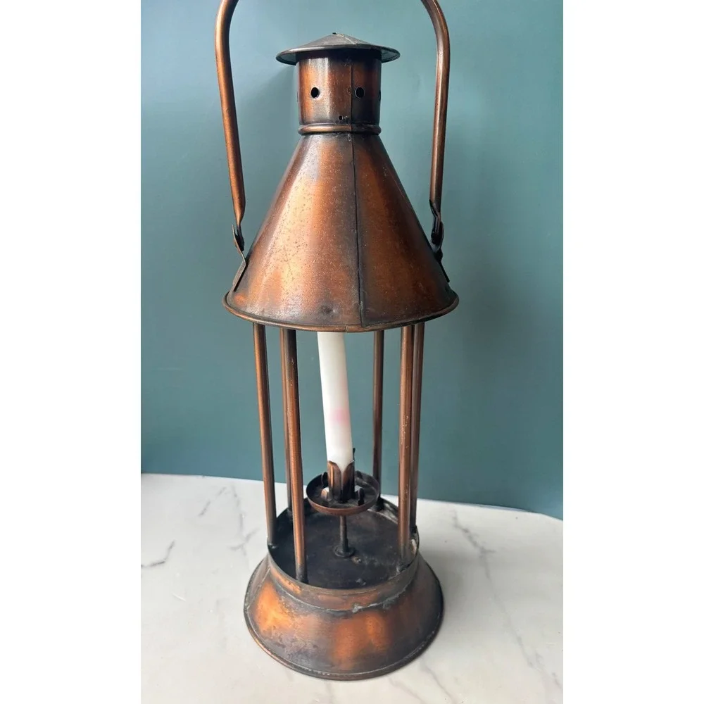 Vintage Copper Candle Lantern Rustic Farmhouse Decor Floral Ceramic Handle